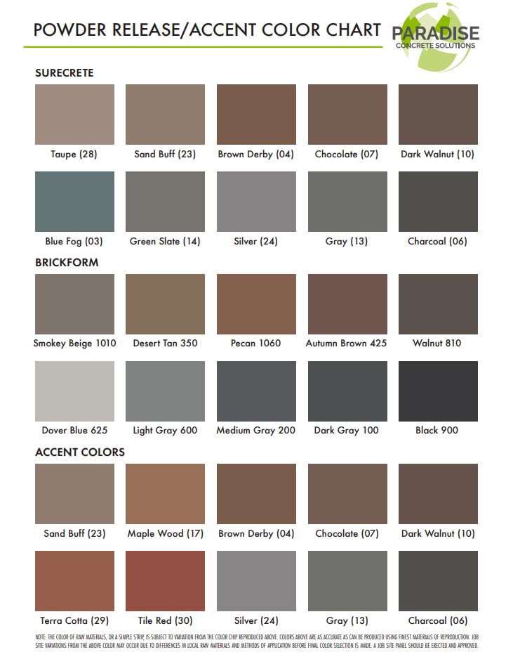PCS Powder Release and Accent Color Chart